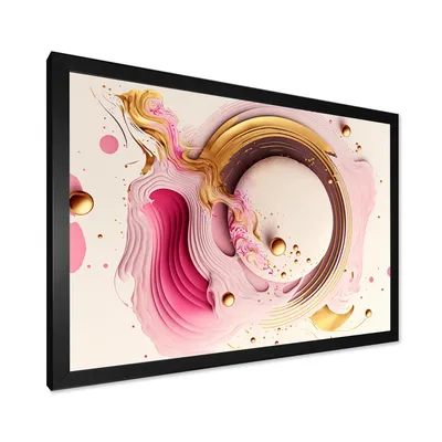 Pink watercolor circular abstract wall art - 20x12 - gold frame canvas