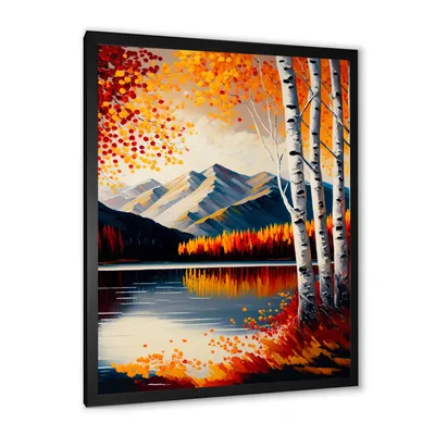 red and orange birch trees by the lake v Art 