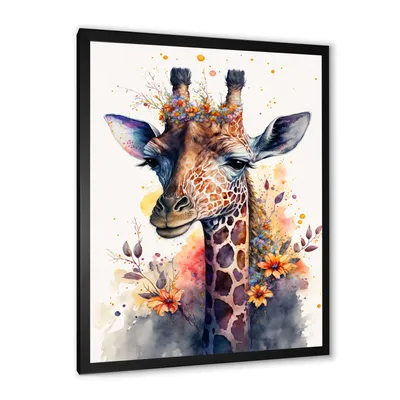 Cute giraffe floral art i wall art - 24x32 - gold frame canvas