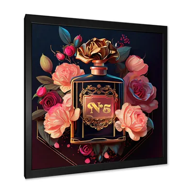 Chic perfume bottle with pink roses wall art - 30x30 - black frame canvas