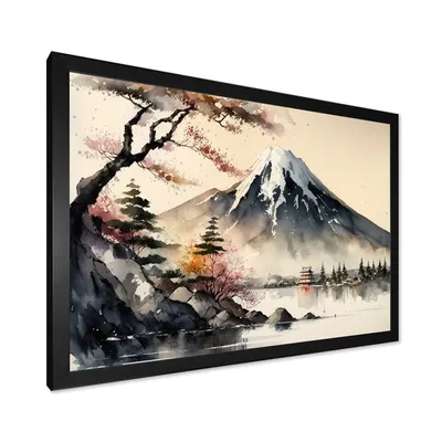Japanese landscape in watercolor wall art - 32x24 - gold frame canvas