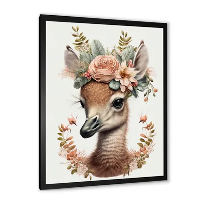 Cute baby flamingo with floral crown wall art - 16x32 - canvas only