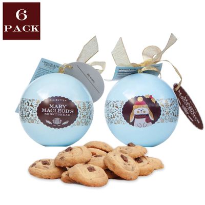 Boîtes de noël bleues en forme d'ornements avec biscuits au chocolat croquant de mary macleod's - lot de 6