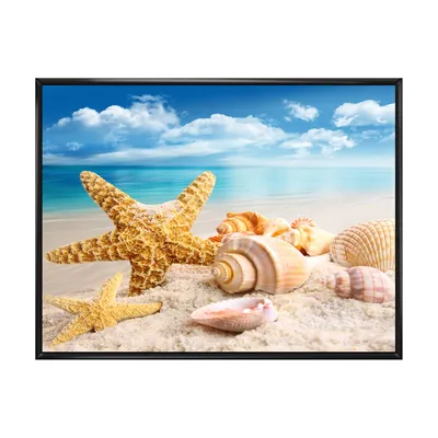 Starfish and seashells on beach canvas wall art print