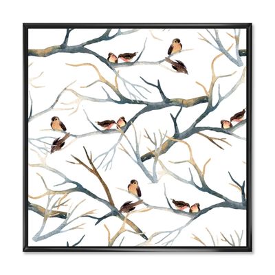 Toile imprimée « little birds on the tree branches i » - blanc - toile à cadre flottant - noir