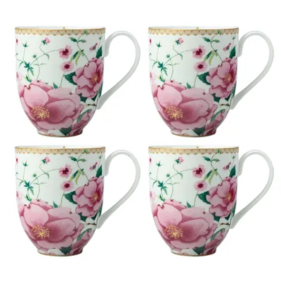 Set of 4 tea's and c's silk classic rose white coupe mugs by maxwell & williams - classic white pink