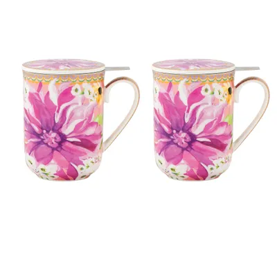 Set of 2 dahlia pink mugs with lids by maxwell & williams (340 ml) - pink