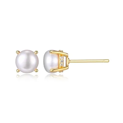 Reign sterling silver & cubic zirconia 18k yellow gold plated genuine pearl stud earrings