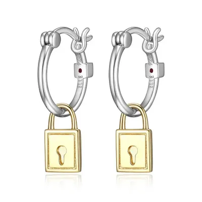 Elle sterling silver 2-tone 18k gold plated lock & key hoop earrings