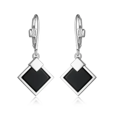 Elle sterling silver & genuine black agate square lock earrings