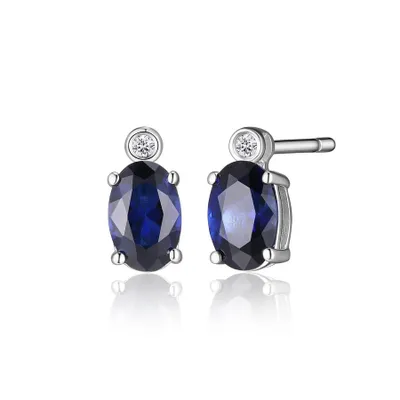 Elle sterling silver oval created blue sapphire and genuine lab grown diamond stud earrings