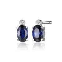 Elle sterling silver oval created blue sapphire and genuine lab grown diamond stud earrings