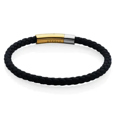 Steelx stainless steel 2-tone gold plated braided leather bracelet 8.5""