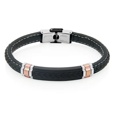 Steelx stainless steel two-tone rose ionic-plated black leather & microfibre bracelet