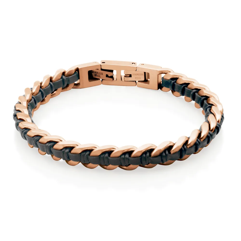 Steelx stainless steel rose gold ionic-plated black leather curb chain bracelet