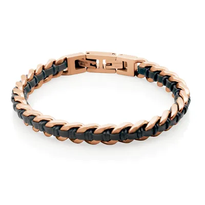 Steelx stainless steel rose gold ionic-plated black leather curb chain bracelet