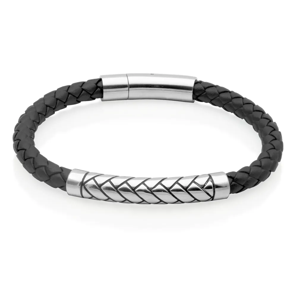Steelx stainless steel black braided leather bracelet 8.5""