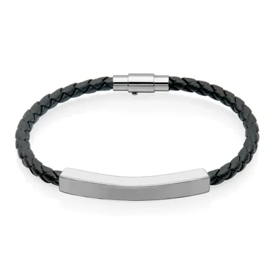 Steelx stainless steel black braided leather id bracelet 8""
