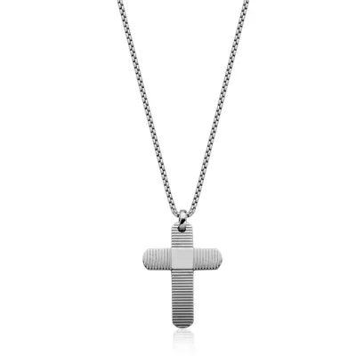 Steelx stainless steel textured cross pendant with box chain 22""