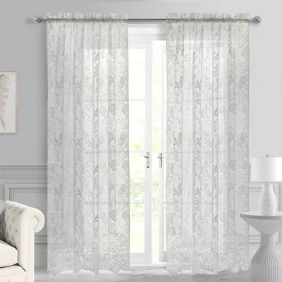 Limoges jacquard and lace rod pocket curtain - ivory