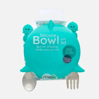 Silicone shark blue bowl with lid and utensils by melii baby