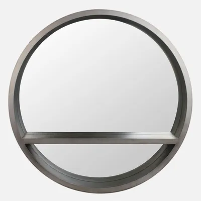 Large round grey vanity mirror with shelf