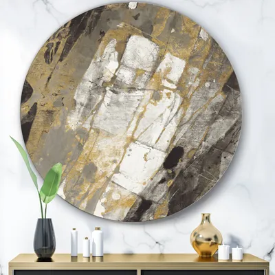 Gold black and white hand painted abstract metal wall art - round 36x36