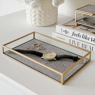 Linen lined gold trimmed glass tray by torre & tagus