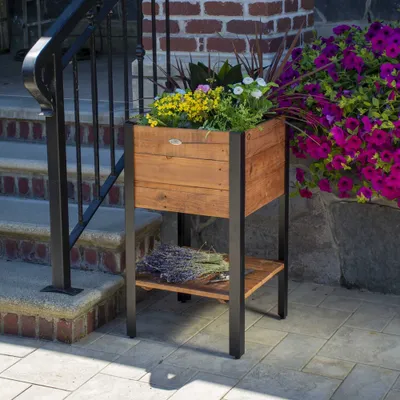 Urban garden tall recycled wood and metal planter with shelf