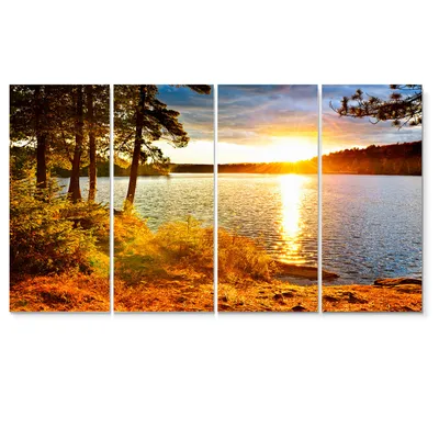 Beautiful view of sunset over lake wall artwork print on canvas - 4 panels - green - 48"" x 28"" - 4 panels - canvas only
