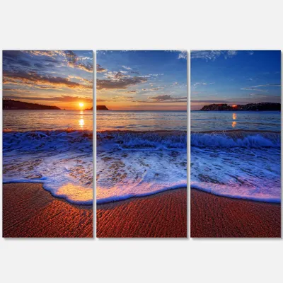 Blue waves on sandy beach canvas wall art - 3 panels - 36"" x 28"" - 3 panels - canvas only