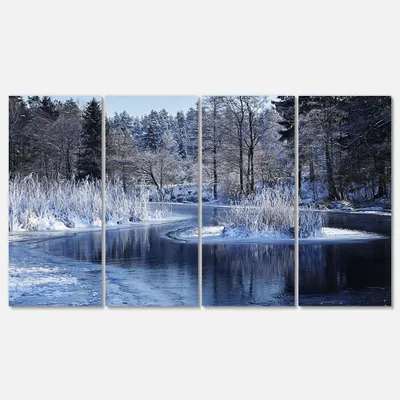 Winter lake in deep forest canvas wall art panels - 48"" x 28"" - 4 panels - canvas only
