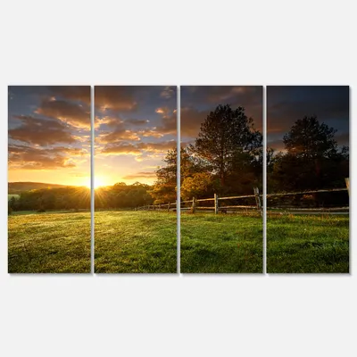 Fenced ranch at sunrise canvas wall art panels