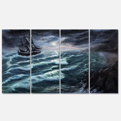 Pirate ship under stormy cloud canvas wall art - 48"" x 28"" - 4 panels - canvas only