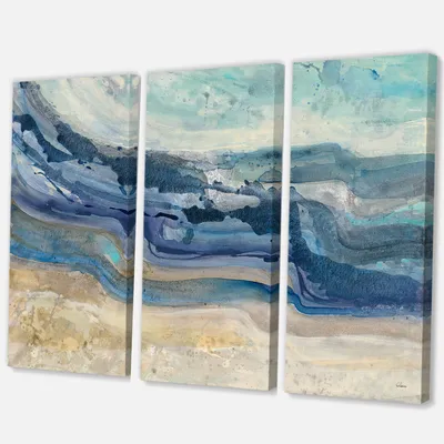 Coast blue sea waves watercolour canvas art - 48"" x 32"" - 3 panels - canvas only