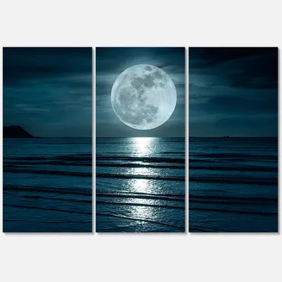 Super moon over the sea i canvas wall art - blue - 36"" x 28"" - 3 panels - canvas only