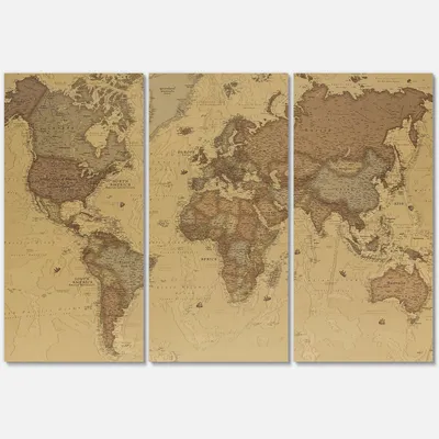 Ancient map of the world iii canvas wall art - 3 panels - brown - 36"" x 28"" - 3 panels - canvas only