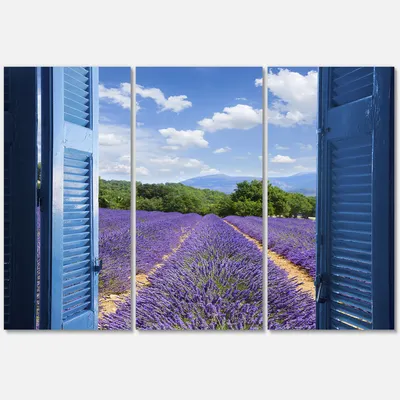 Lavender field through blue open cottage window canvas wall art - 3 panels - purple - 36"" x 28"" - 3 panels - canvas only