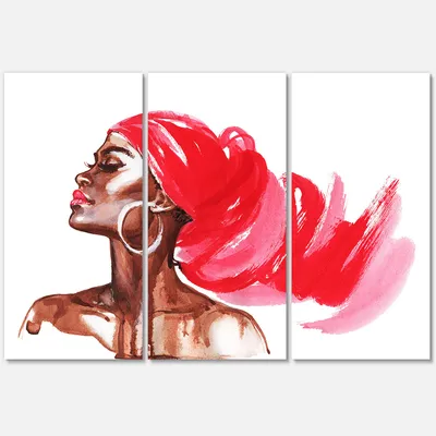 Portrait of african american woman ix canvas wall art - red - 36"" x 28"" - 3 panels - canvas only