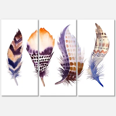 Purple boho feathers canvas wall art - 36"" x 28"" - 3 panels - canvas only