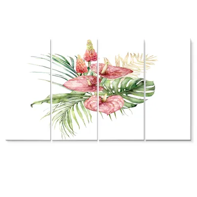 Tropical bouquet with anthurium lupine & leaves i canvas wall art print panels - 48"" x 28"" - 4 panels - canvas only