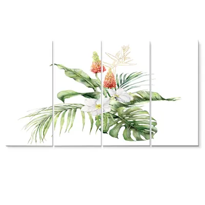 Tropical bouquet with lupine plumeria palm leaves canvas wall art print panels - 60"" x 28"" - 5 equal panels - canvas only