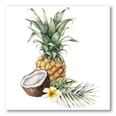 Pineapple with coconut plumeria and palm leaves canvas wall art print