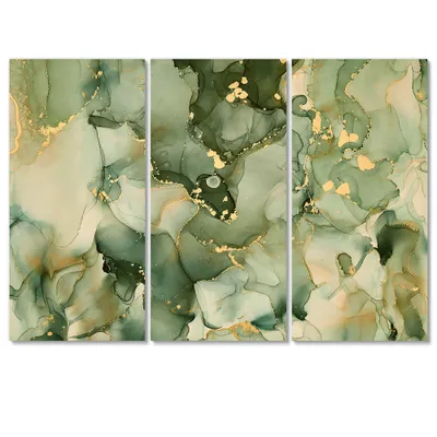 Green luxury abstract fluid art i canvas wall art print - 60"" x 40"" - 3 panels - canvas only