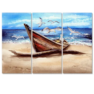 An old fishing boat on the sandy beach canvas wall art print - 3 panels - 48"" x 32"" - 3 panels - canvas only