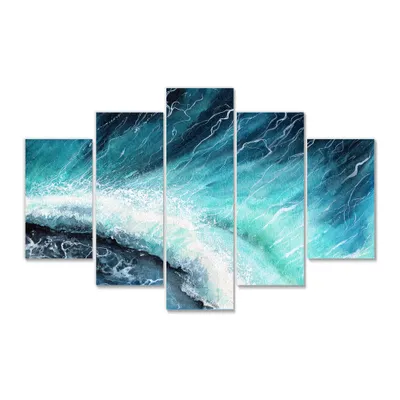 Navy blue ocean waves with white seafoam i canvas wall art print - 60"" x 28"" - 5 equal panels - canvas only