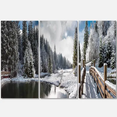 Winter morning panorama canvas wall art - brown - 36"" x 28"" - 3 panels - canvas only