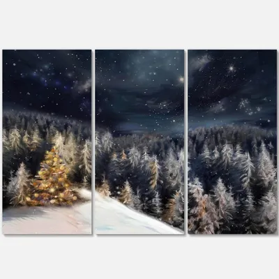 Night forest christmas tree canvas wall art - multi-color - 36"" x 28"" - 3 panels - canvas only