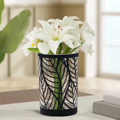 Black leaf cutout hurricane vase by torre & tagus