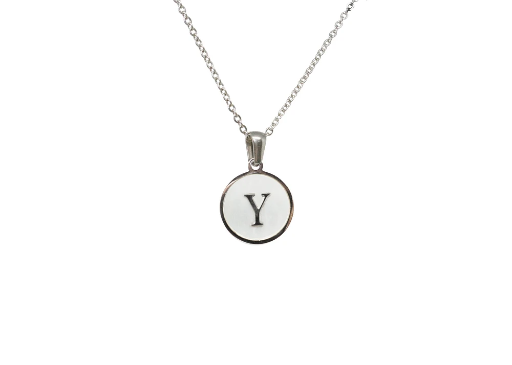 Luenzo stainless steel initial necklace ""y"" with mother of pearl inlay